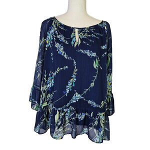 St. John's Bay Women's Top Blouse Size XL 3/4 Sleeve Navy Floral Ruffle Feminine